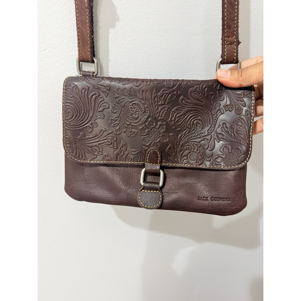 Jack Georges Voyager Crossbody Bag Brown Genuine Leather Floral Carving Boho U